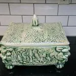Majolica Style Ceramic Relief Lidded Box Green Cream Antique Glaze Decor A