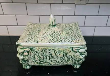 Majolica Style Ceramic Relief Lidded Box Green Cream Antique Glaze Decor A